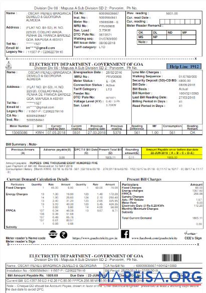 Downloadable INIDA ELECTRICITY DEPARTMENT GOVERNMENT OF GOA utility bill Word and PDF template